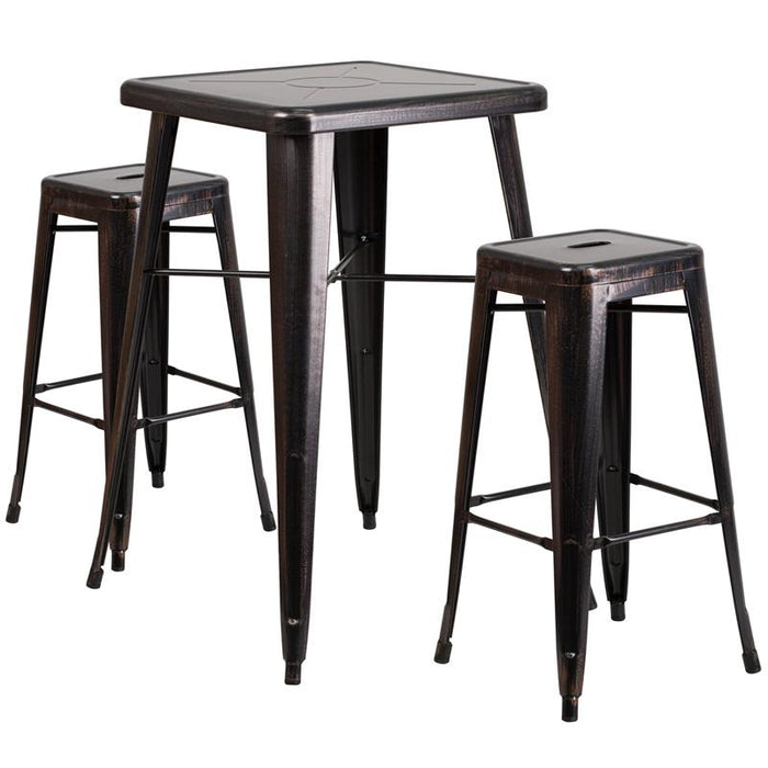 23.75"Square Black-Antique Gold Metal In-Outdoor Bar Table St-2 Square Seat Stools