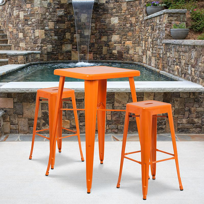 23.75" Square Orange Metal In-Outdoor Bar Table Set-2 Square Seat Stools