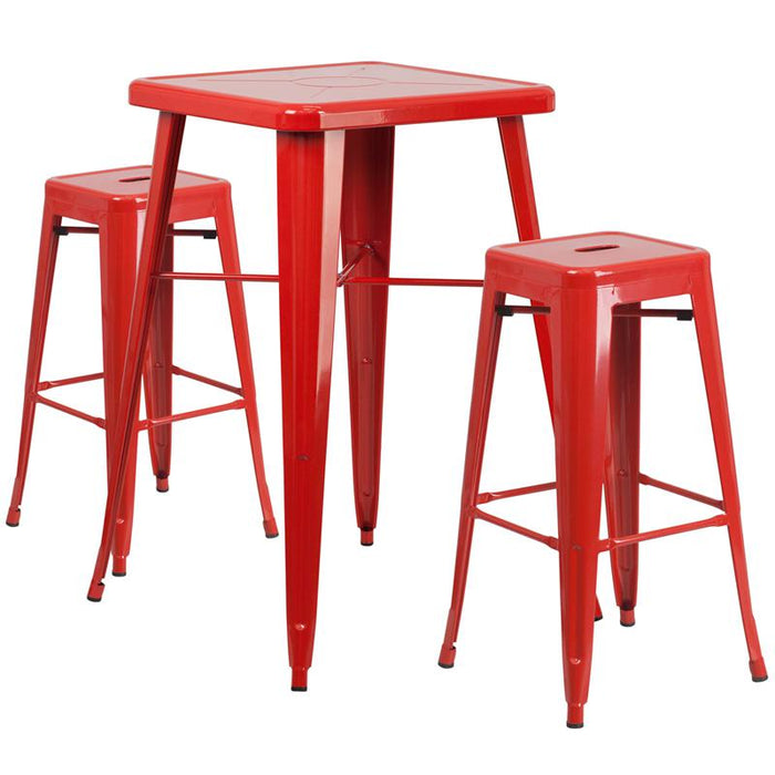 23.75'' Square Red Metal In-Outdoor Bar Table Set-2 Square Seat Backless Stools