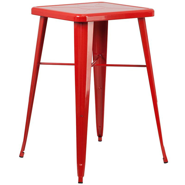 23.75" Red Metal Indoor-Outdoor Bar Table Set with 2 Seat Backless Stools