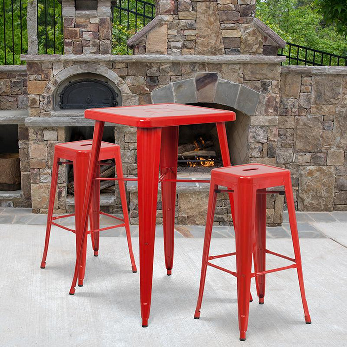 23.75" Red Metal Indoor-Outdoor Bar Table Set with 2 Seat Backless Stools