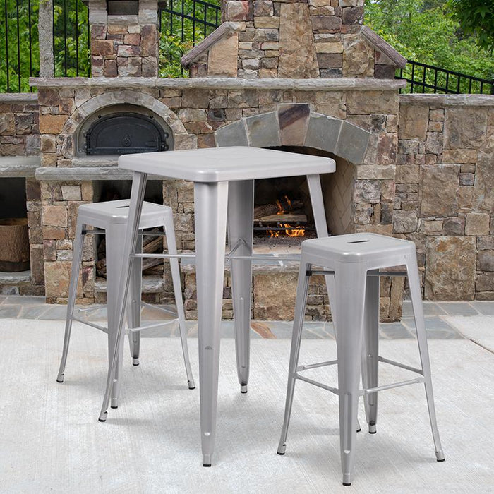23.75" Square Silver Metal In-Outdoor Bar Table Set-2 Square Seat Stools