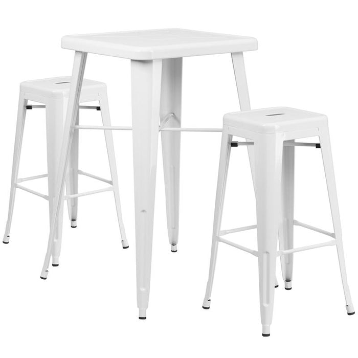 23.75" Square White Metal In-Outdoor Bar Table Set-2 Square Seat Stools