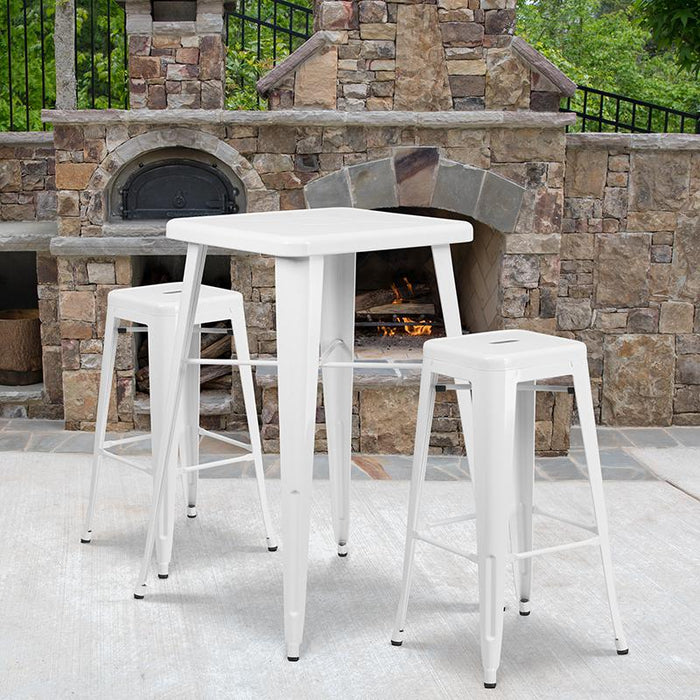 23.75" Square White Metal In-Outdoor Bar Table Set-2 Square Seat Stools