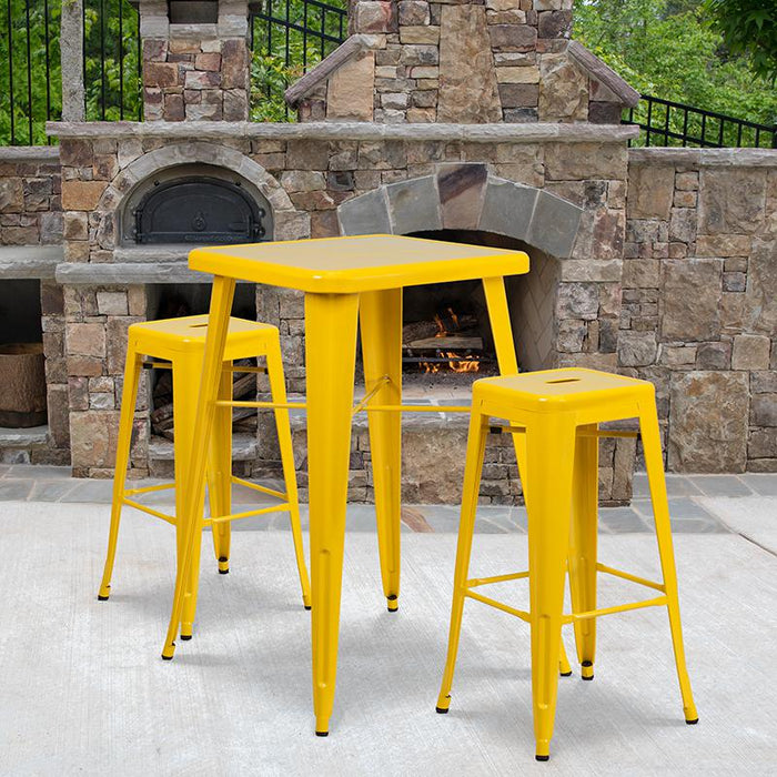 23.75" Square Yellow Metal In-Outdoor Bar Table Set-2 Square Seat Stools