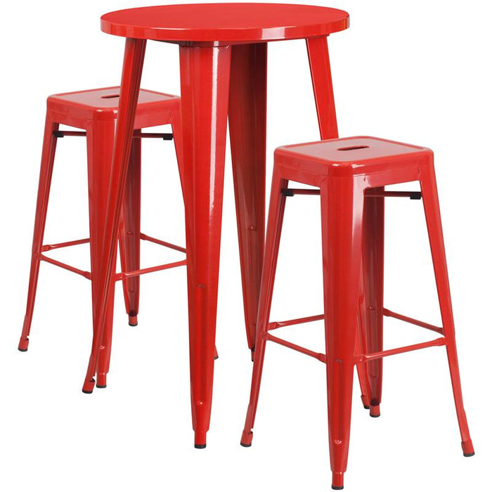24" Round Red Metal Indoor-Outdoor Bar Table Set with 2 Seat Backless Stools