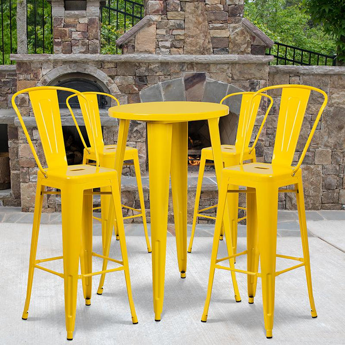 24" Round Yellow Metal Indoor-Outdoor Bar Table Set with 4 Cafe Stools