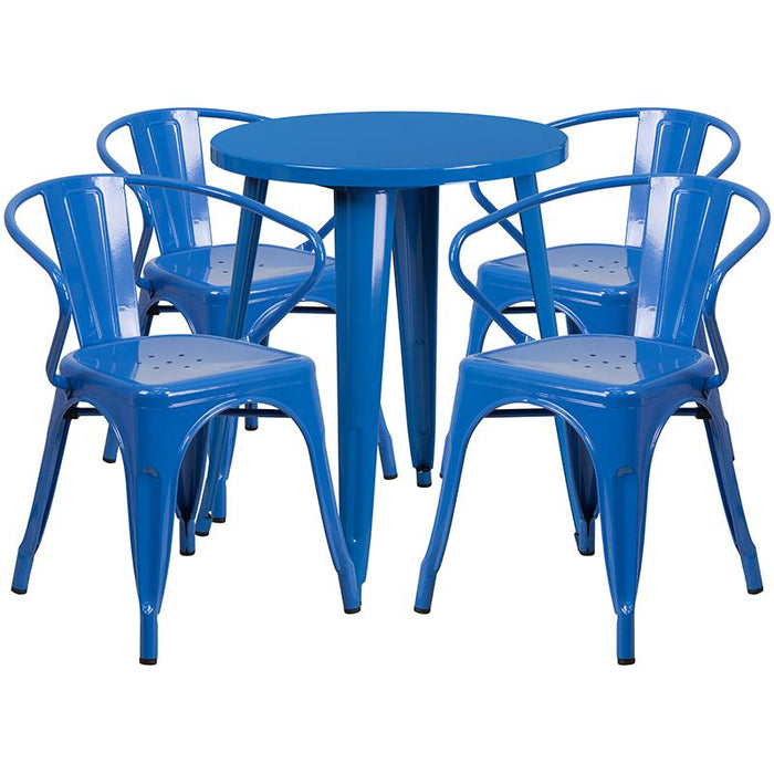 24" Round Blue Metal Indoor-Outdoor Table Set with 4 Arm Chairs