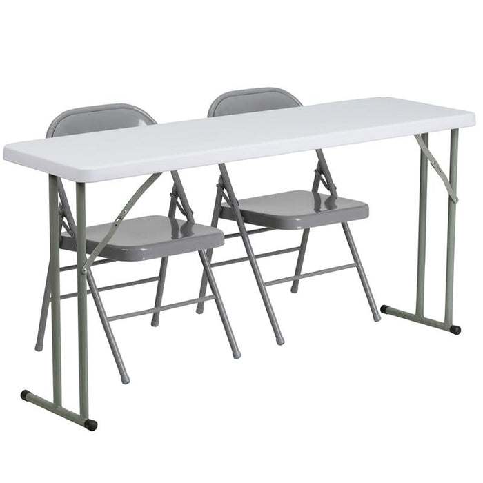 18'' x 60'' Plastic Folding Training Table Set with 2 Gray Metal Folding Chairs