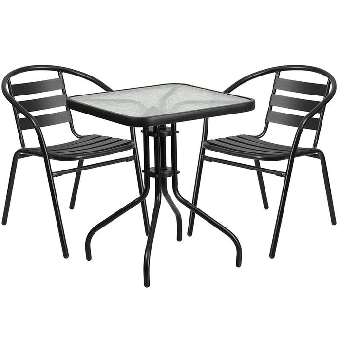 23.5'' Square Glass Metal Table with 2 Black Metal Aluminum Slat Stack Chairs