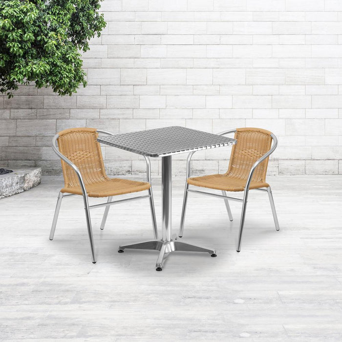 23.5'' Square Aluminum Indoor-Outdoor Table Set with 2 Beige Rattan Chairs