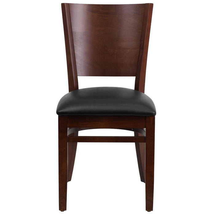 Lacey Series Solid Back Walnut Wood Restaurant Chair - Black Vinyl Seat