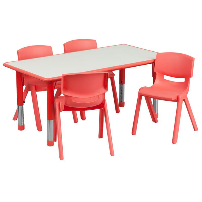 23.625''W x 47.25''L Rectangular Red Plastic Height Adjustable Activity Table Set with 4 Chairs
