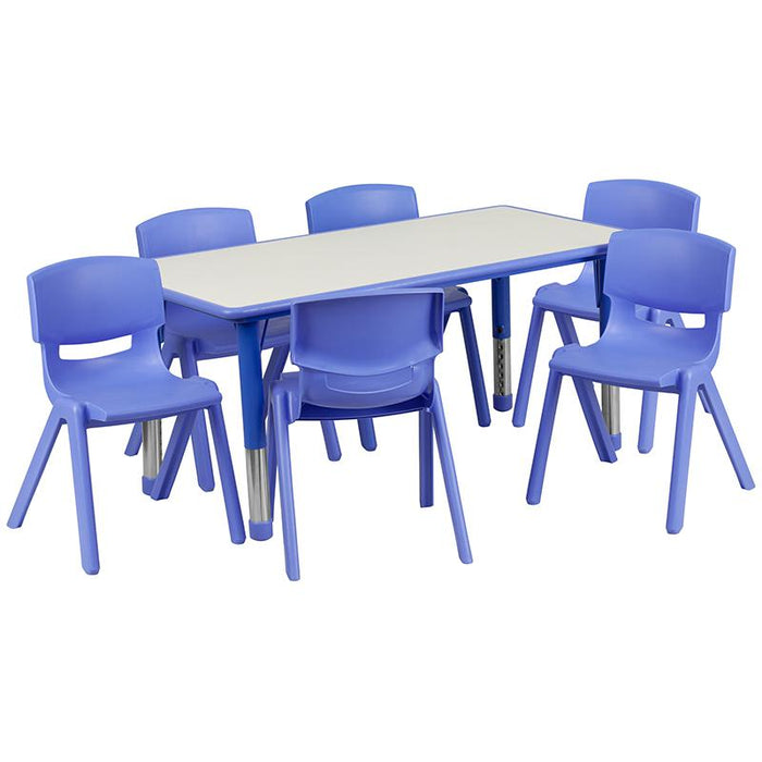 23.625''W x 47.25''L Rectangular Blue Plastic Height Adjustable Activity Table Set with 6 Chairs