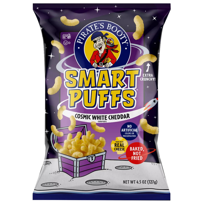 Set yer sights on the Pirate's Booty Smart Puus cosmic White Cheddar Corn Puffs. Each bite is gluten free with no artificial colors, and packed with seriously savory cheddar flavor. This 4.5 oz bag of puffs be as smart as a navigator's compass - a snack fit for a pirate exploring the vast snacki-verse!