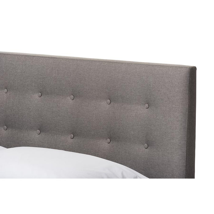Grey Fabric Upholstered Walnut Wood Queen Size Platform Bed