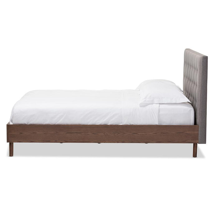 Grey Fabric Upholstered Walnut Wood Queen Size Platform Bed