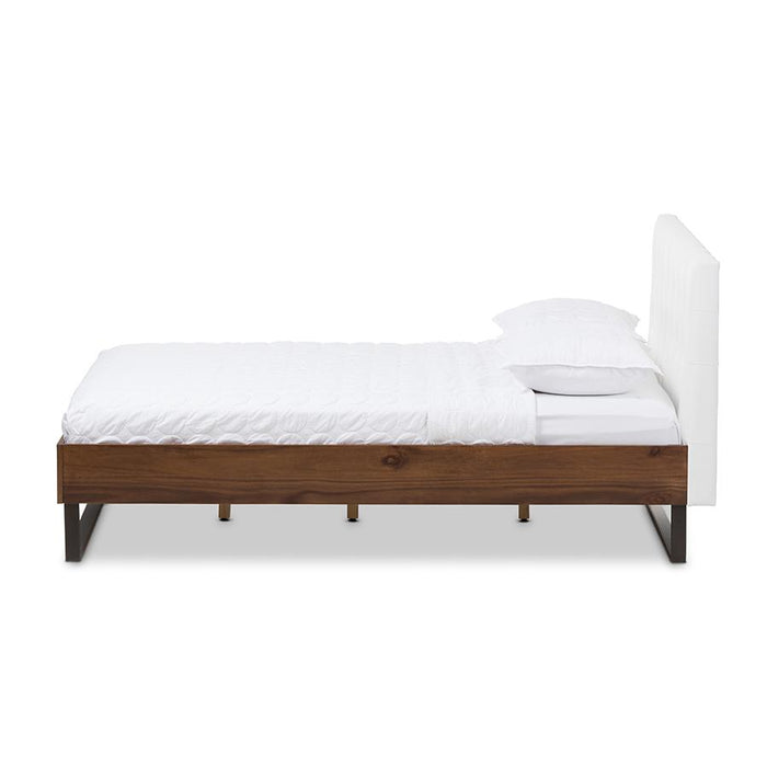 Walnut Wood White Faux Leather Dark Bronze Metal Queen Size Platform Bed