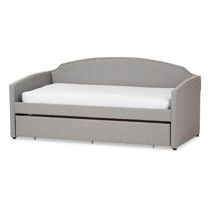 Nail Heads Trimmed Arched Back Sofa Twin Daybed with Roll-Out Trundle Guest Bed