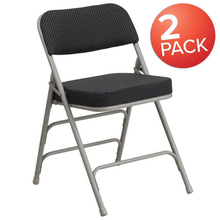 2 Pk. HERCULES Series Premium Curved Triple Braced & Double Hinged Black Pin-Dot Fabric Metal Folding Chair