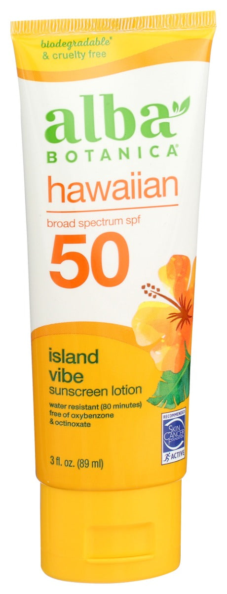 This botanically moisturizing sunscreen provides broad spectrum protection. Made with preferred sunscreen ingredients, this revitalizing lotion is non-greasy, quick-absorbing, water resistant and perfect for daily wear. Aloe vera, green tea and palm kernel oil absorb quickly and effectively to nourish sun-exposed skin. Free of oxybenzone, octinoxate, PABA, nano-sunscreens and Vitamin A. Alba Botanica&reg; sunscreens are free of active ingredients that may harm coral reefs.
