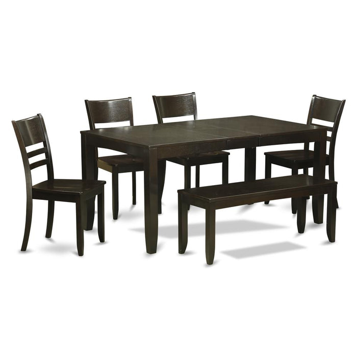 6  PC  Dining  Table  with  bench-Table  with  Leaf  and  4  Kitchen  Dining  Chairs  Plus  Bench