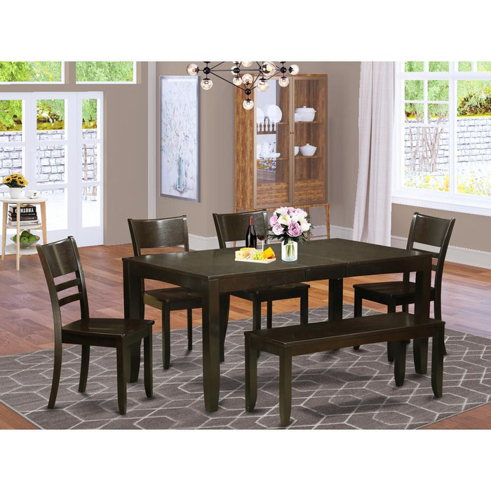 6  PC  Dining  Table  with  bench-Table  with  Leaf  and  4  Kitchen  Dining  Chairs  Plus  Bench