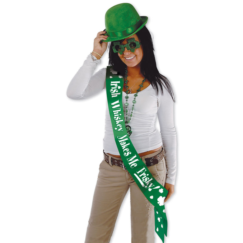 Irish Whiskey Makes Me Frisky! Satn Sash – 33" x 4" – (1/Pkg) by Beistle for St. Patricks Sashes