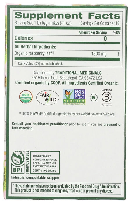 TRADITIONAL MEDICINALS: Organic Raspberry Leaf Caffeine Free Herbal Tea 16 Tea Bags, 0.85 oz