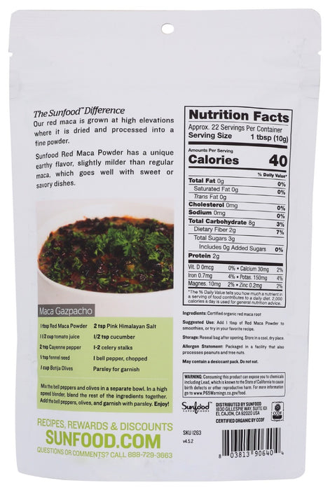 SUNFOOD SUPERFOODS: Maca Powder Red, 8 OZ