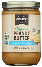 This smooth peanut butter is made from organically-grown peanuts and is perfectly salted. Non-GMO Project Verified, USDA Organic. Woodstock Organic Peanut Butter is perfect on toast in the morning, a PB sandwich at lunch, or with your favorite snack!