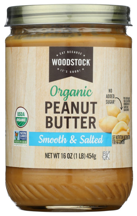This smooth peanut butter is made from organically-grown peanuts and is perfectly salted. Non-GMO Project Verified, USDA Organic. Woodstock Organic Peanut Butter is perfect on toast in the morning, a PB sandwich at lunch, or with your favorite snack!