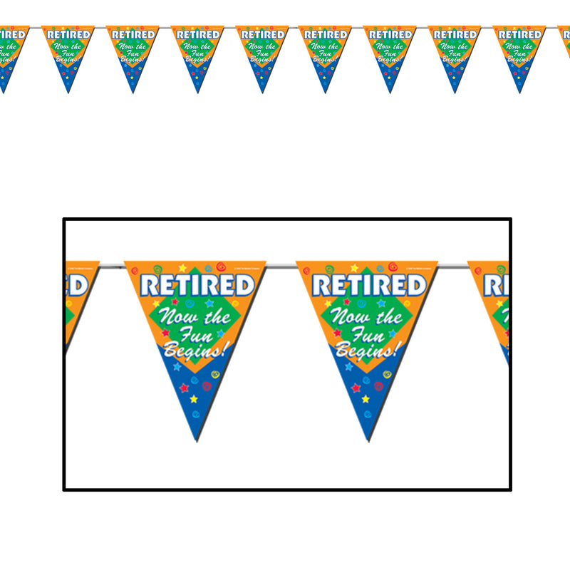 Retired The Fun Begins! Pennant Banner – 11" x 12' – (1/Pkg) by Beistle for Retirement Pennant Banners