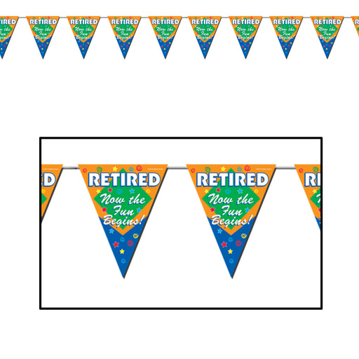 Retired The Fun Begins! Pennant Banner – 11" x 12' – (1/Pkg) by Beistle for Retirement Pennant Banners