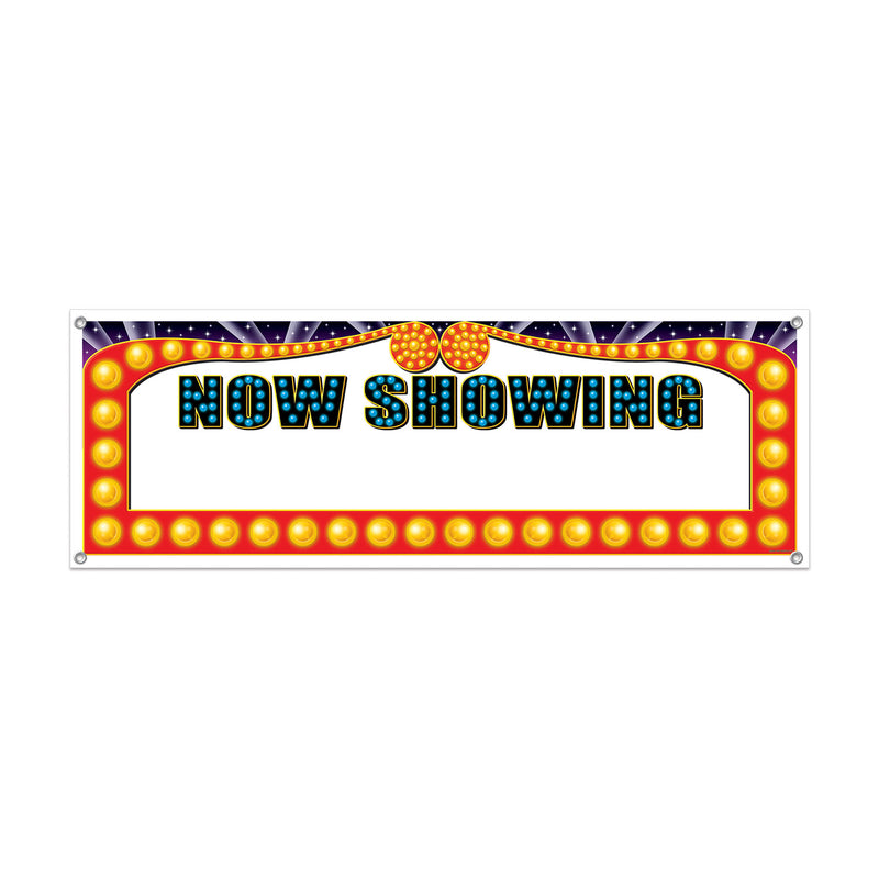 Now Showing Sign Banner – 5' x 21" – (1/Pkg) by Beistle for Awards Night All-Weather