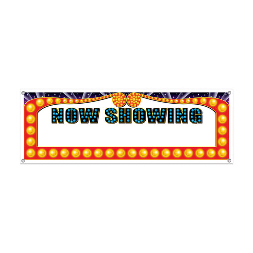 Now Showing Sign Banner – 5' x 21" – (1/Pkg) by Beistle for Awards Night All-Weather