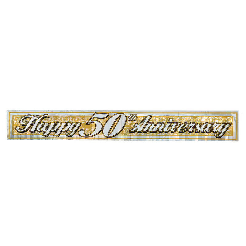 Metallic "50th" Anniversary Fringe Bnr – 8" x 5' – (1/Pkg) by Beistle for Anniversary Metallic Banners