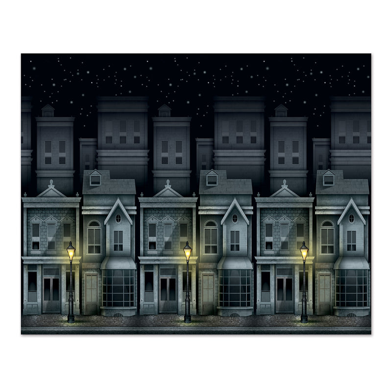 Victorian Townscape Backdrop – 4' x 30' – (1/Pkg) by Beistle for Sherlock Holmes Backdrops