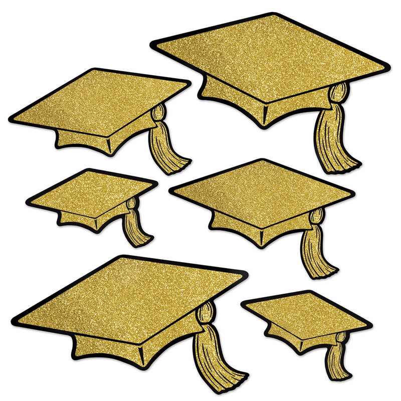 Glittered Foil Grad Cap Cutouts – Asstd – (6/Pkg) by Beistle for Graduation Foil