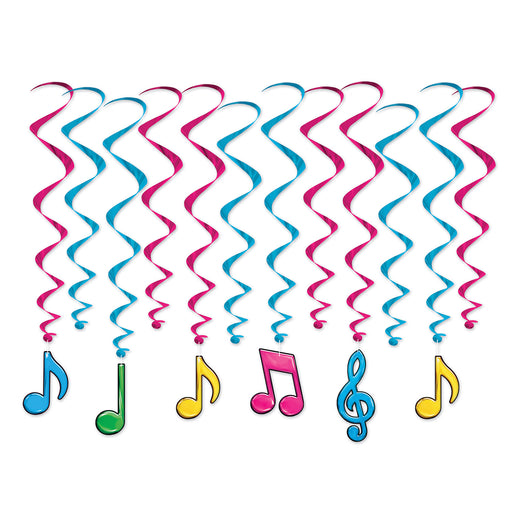 Neon Musical Notes Whirls – 17½"-32" – (12/Pkg) by Beistle for 50's/Rock & Roll Whirls