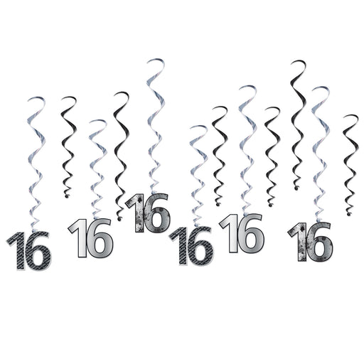 "16" Whirls – 15"-26" – (12/Pkg) by Beistle for Sweet 16 Whirls