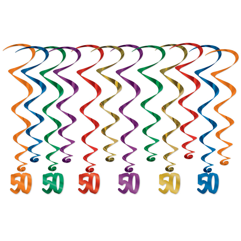 "50" Whirls – 17½"-31½" – (12/Pkg) by Beistle for Birthday-Age Specific Whirls