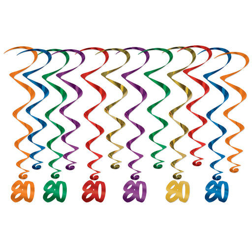 "80" Whirls – 17½"-31½" – (12/Pkg) by Beistle for Birthday-Age Specific Whirls
