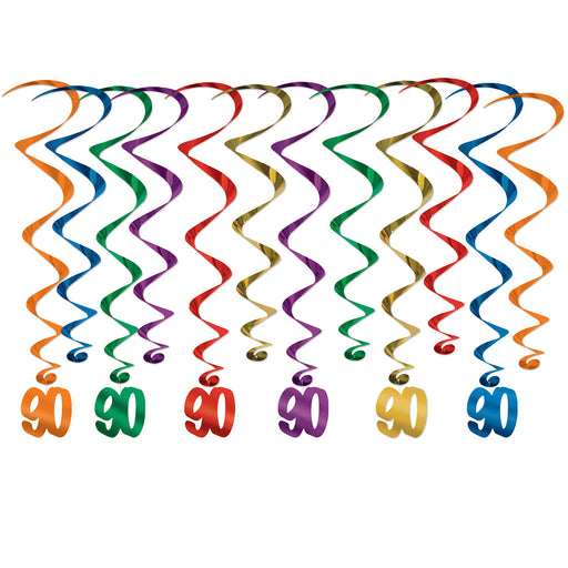 "90" Whirls – 17½"-31½" – (12/Pkg) by Beistle for Birthday-Age Specific Whirls
