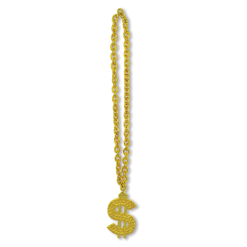 Gold Chain Beads w/"$" Medallion – 38" – (1/Card) by Beistle for 80's Novelty Beads