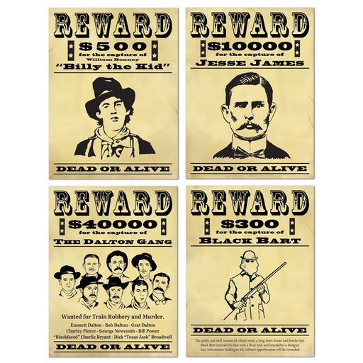 Wanted Sign Cutouts – 15¼" – (4/Pkg) by Beistle for Western Signs