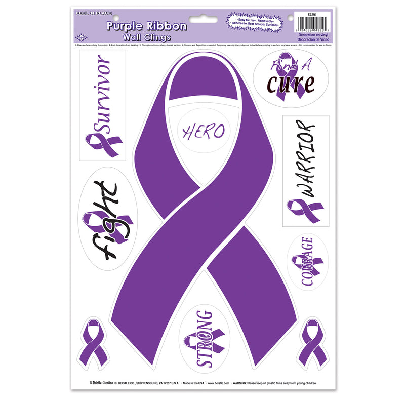 Purple Ribbon/Find A Cure Peel 'N Place – 12" x 17" Sh – (10/Sh) by Beistle for Purple Ribbon Peel 'N Place