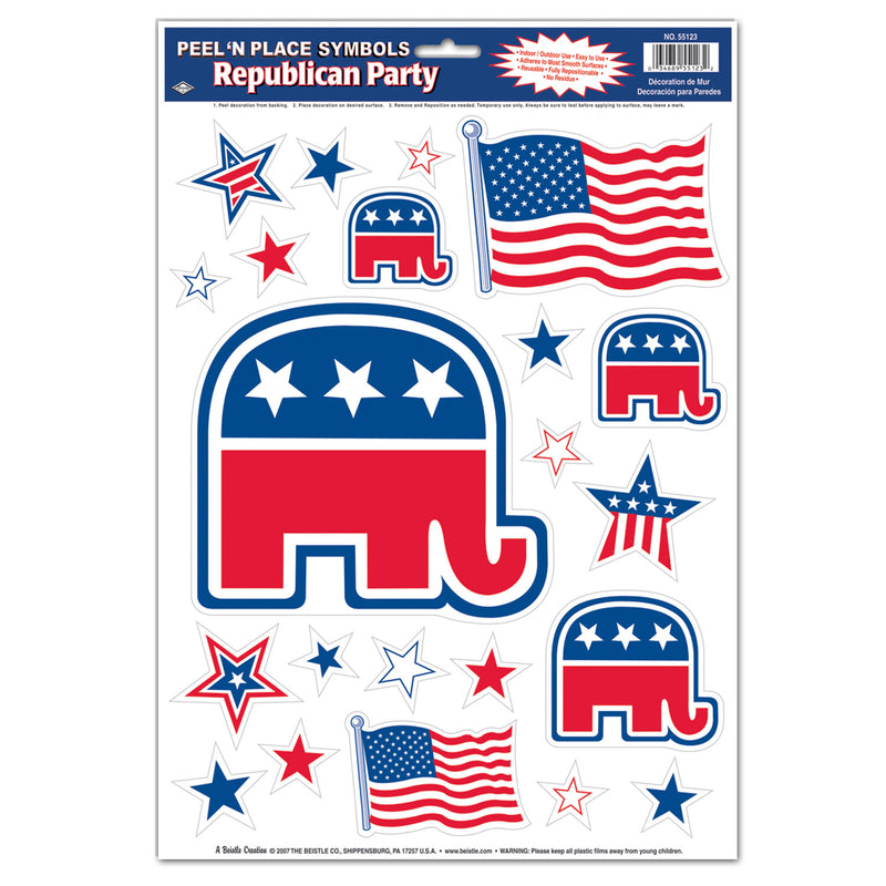 Republican Peel 'N Place – 12" x 17" Sh – (22/Sh) by Beistle for Patriotic Peel 'N Place