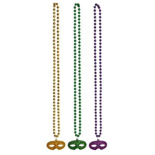 Beads w/Glittered Mask Medallion – 33" – (3/Card) by Beistle for Mardi Gras Beads with Medallion