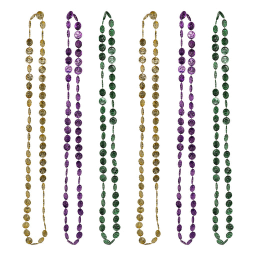 Mardi Gras Coin Beads – 33" – (6/Card) by Beistle for Mardi Gras Novelty Beads